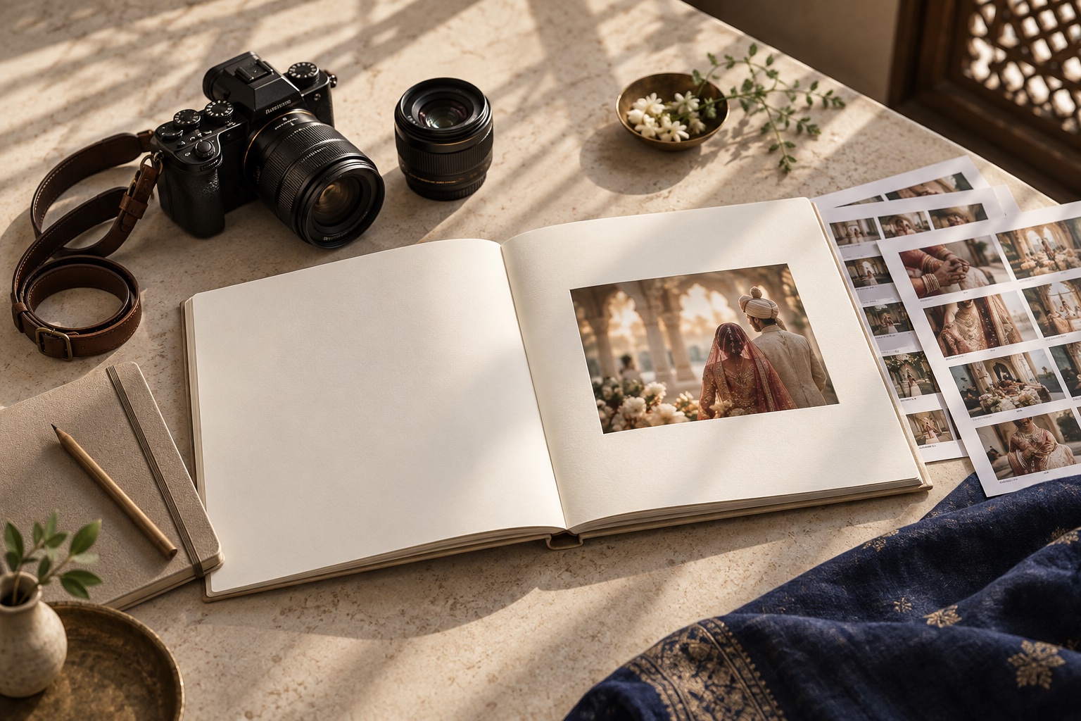 A camera, wedding album and photography prints on a sunlit studio desk