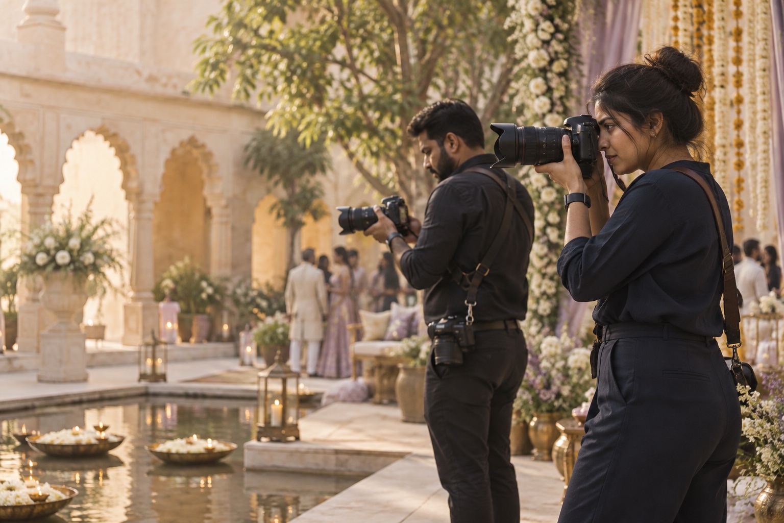 Two photographers working in a sunlit Indian wedding courtyard